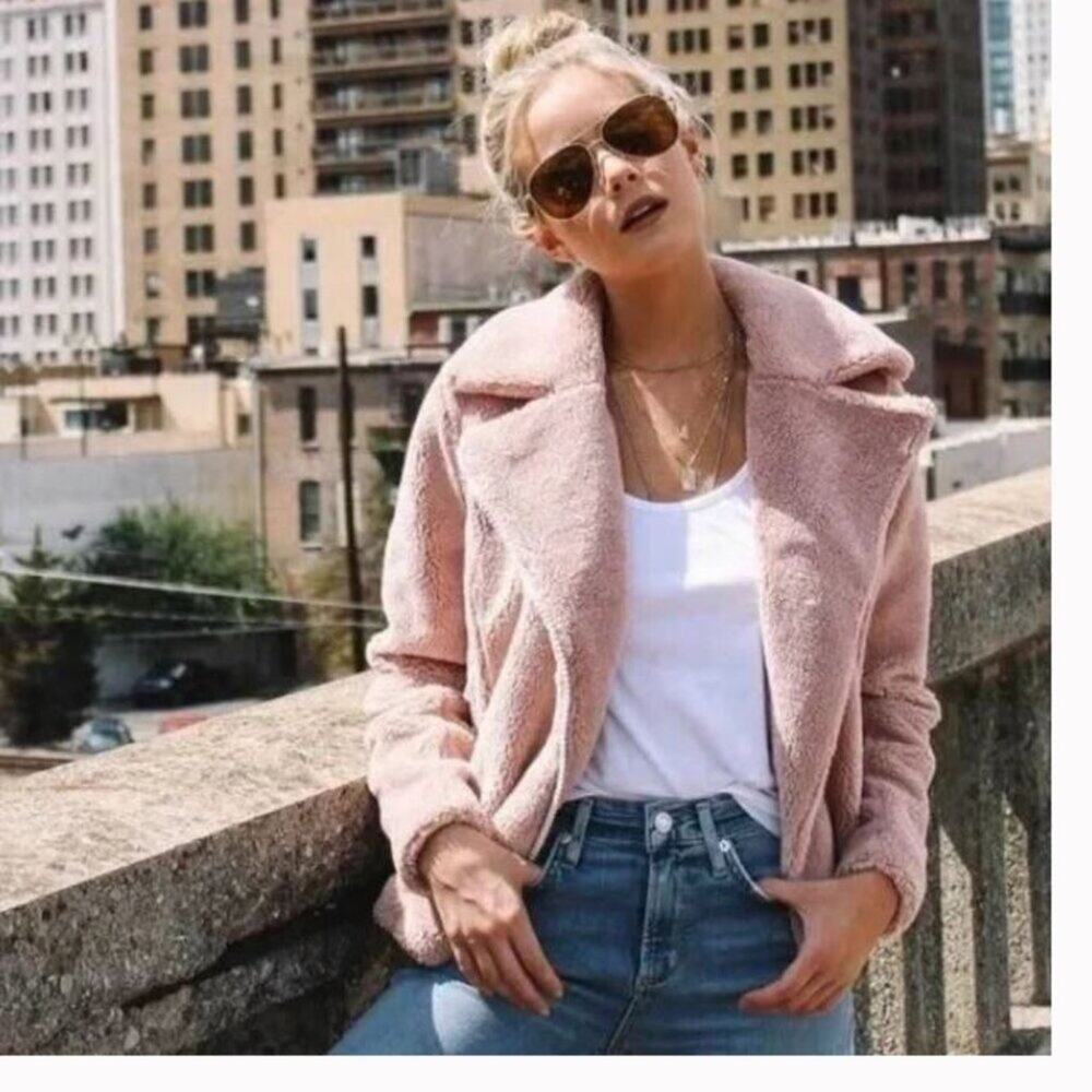 Mother  Mini Pocket Rider Jacket Sherpa Teddy Fleece Motorcycle Coat Pink Sz M